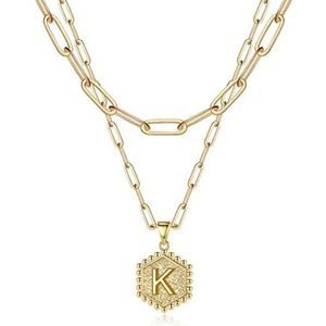 Dainty Layered Initial Necklaces for Women, 14K Gold Plated Paperclip Chain